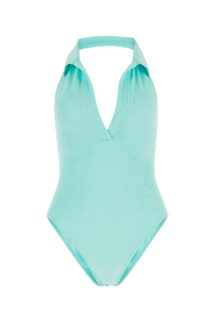 Light-blue stretch seersucker Polo Maillot swimsuit