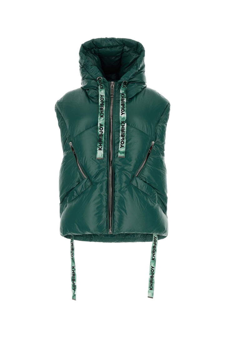 Bottle green nylon sleeveless Puff Shiny down jacket