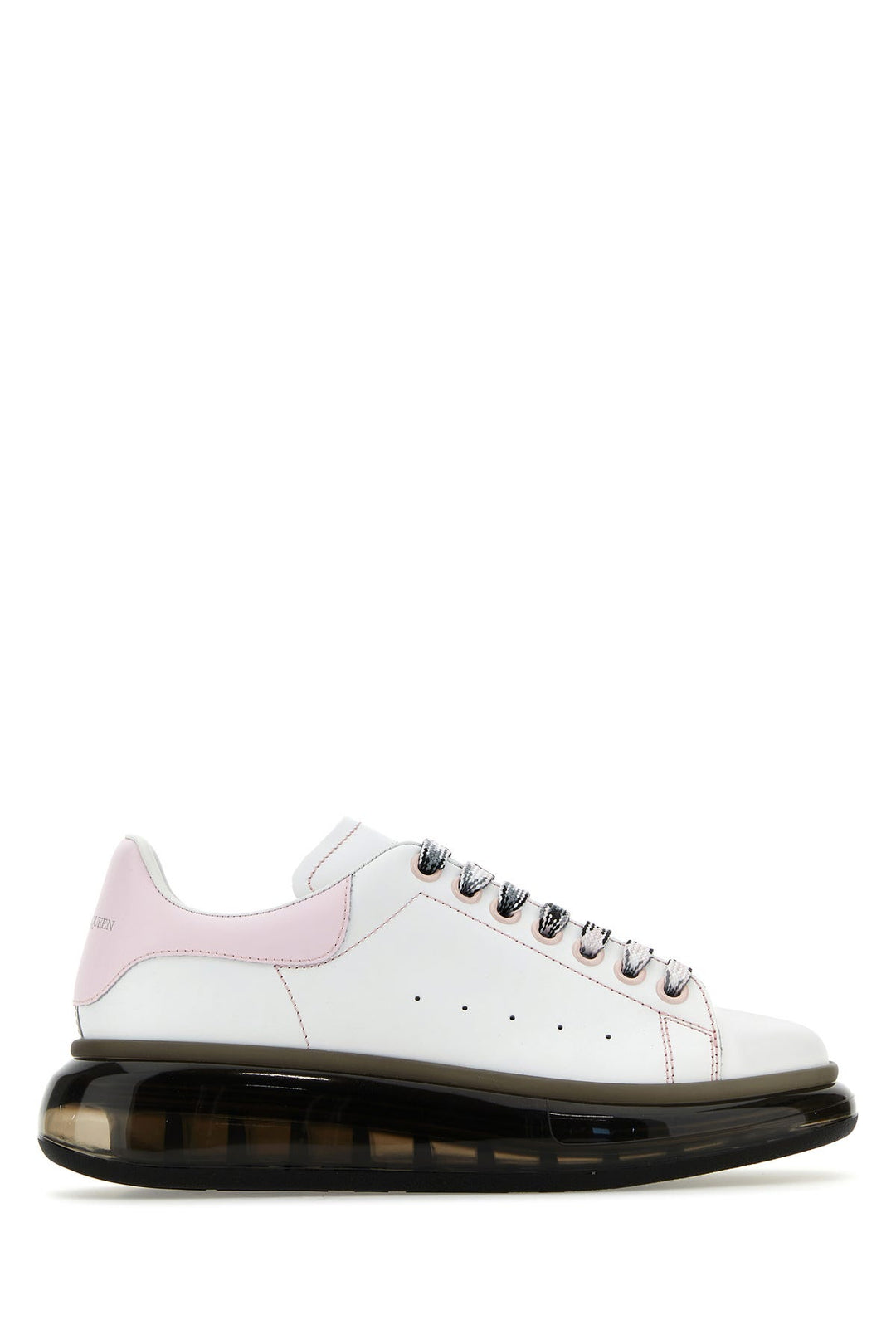 White leather sneakers with pink leather heel