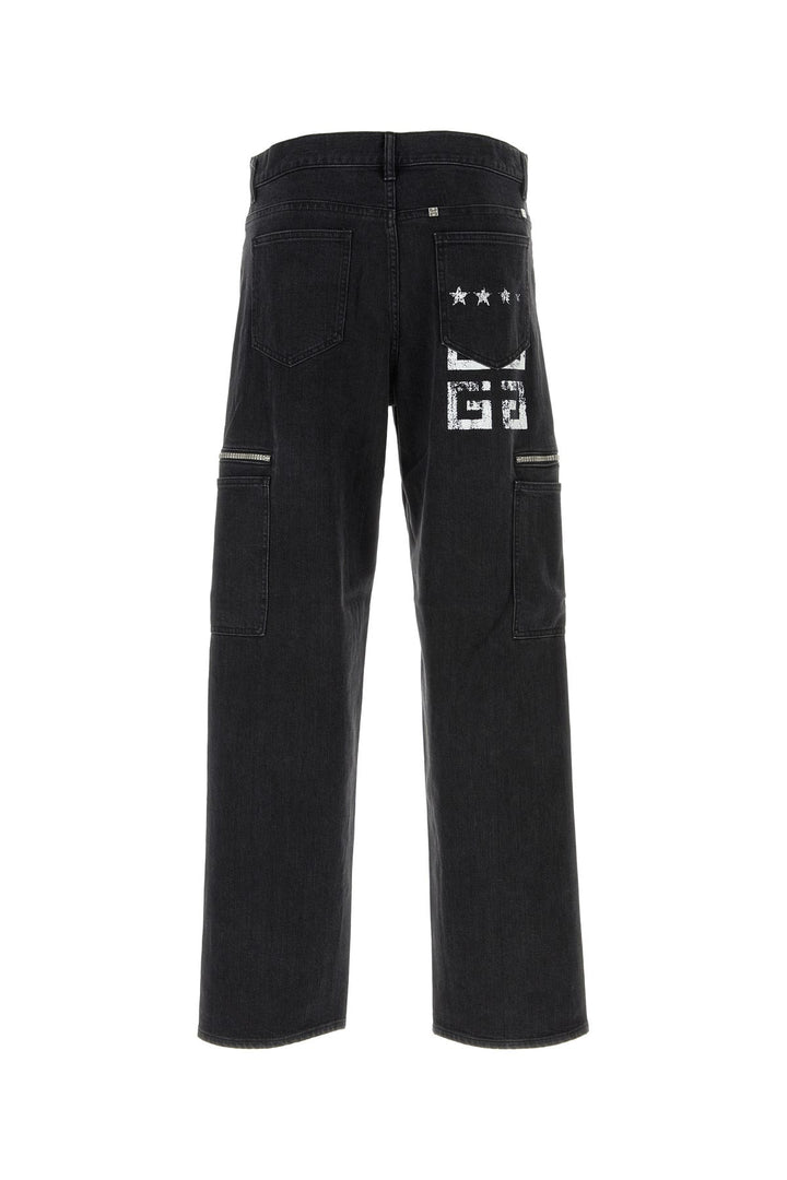 Black stretch denim cargo jeans