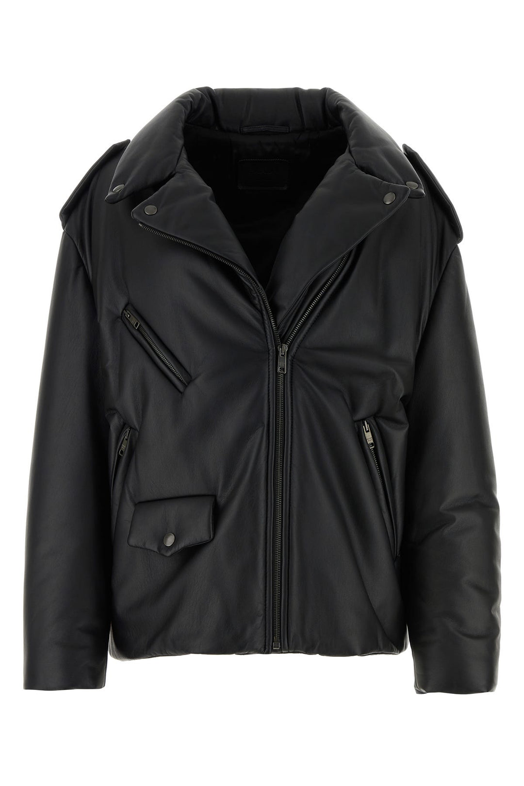 Black nappa leather padded jacket