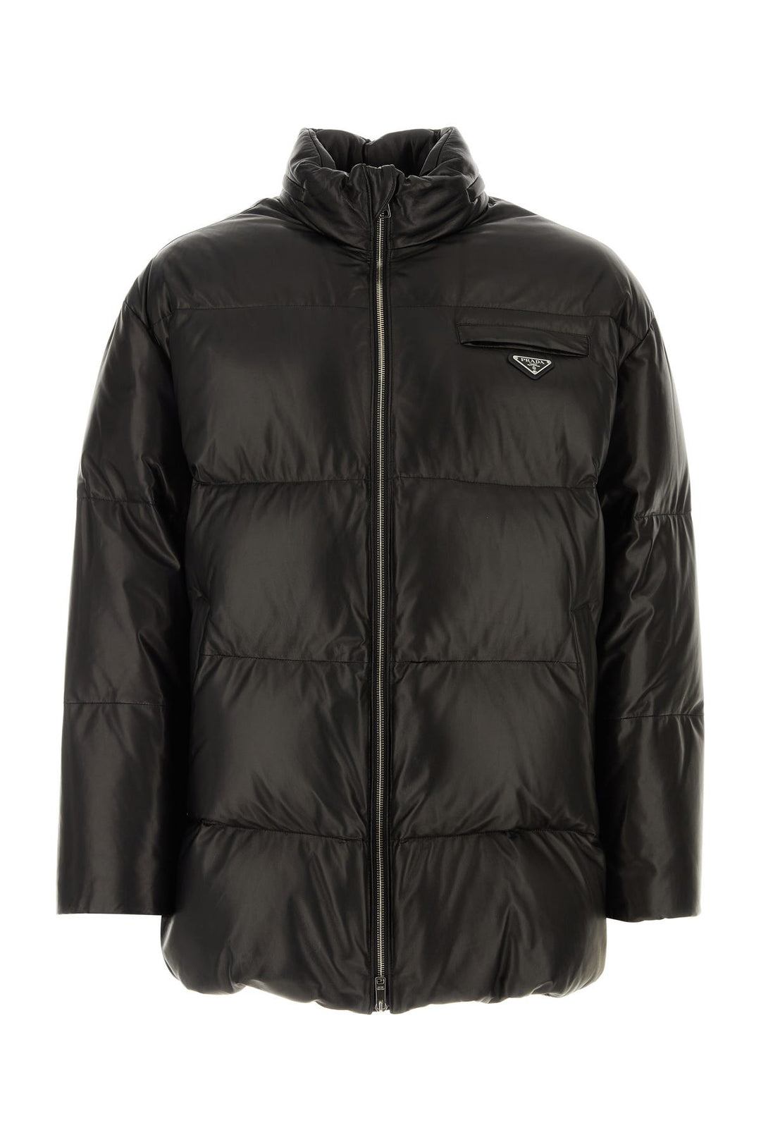 Black nappa leather down jacket