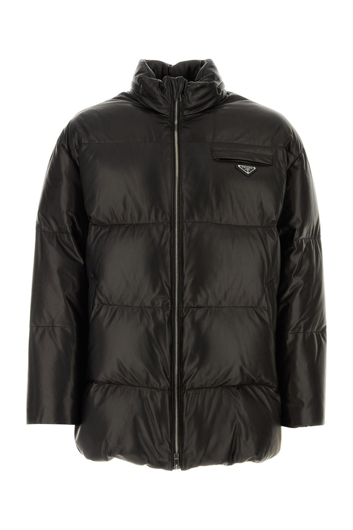 Black nappa leather down jacket