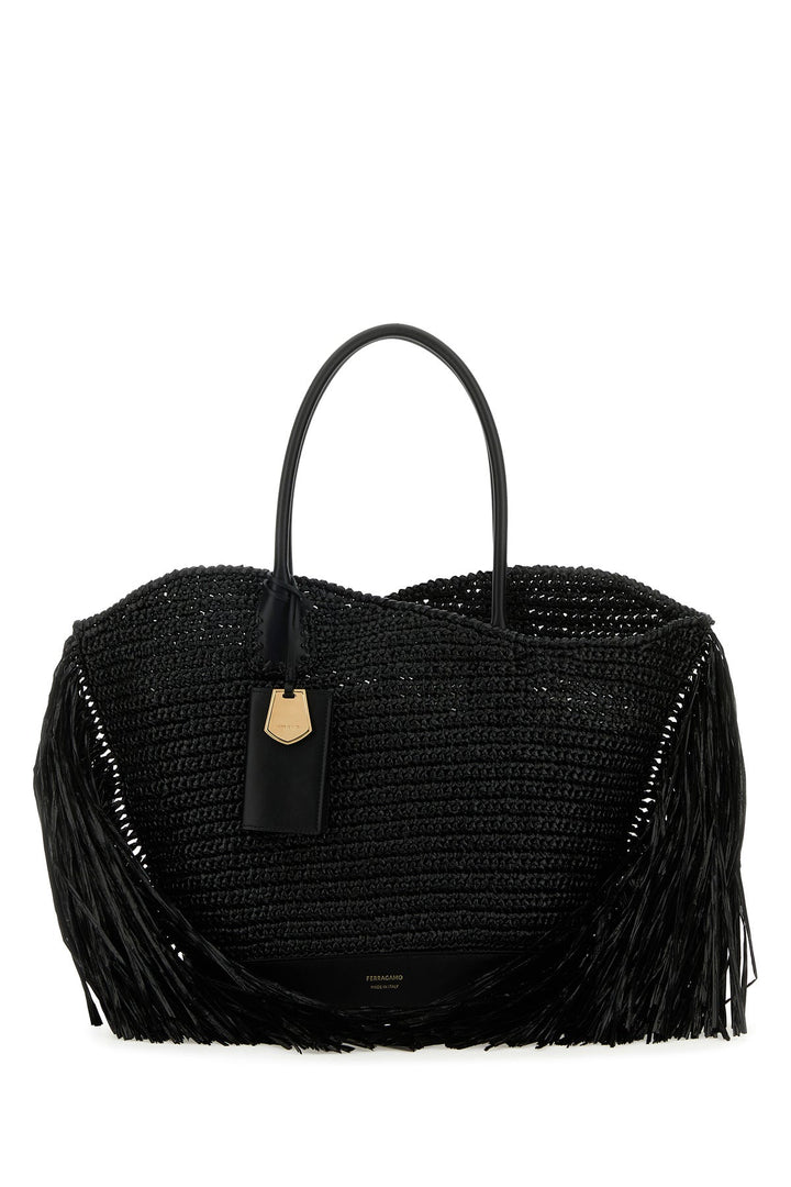 Black raffia and leather big shopping bag