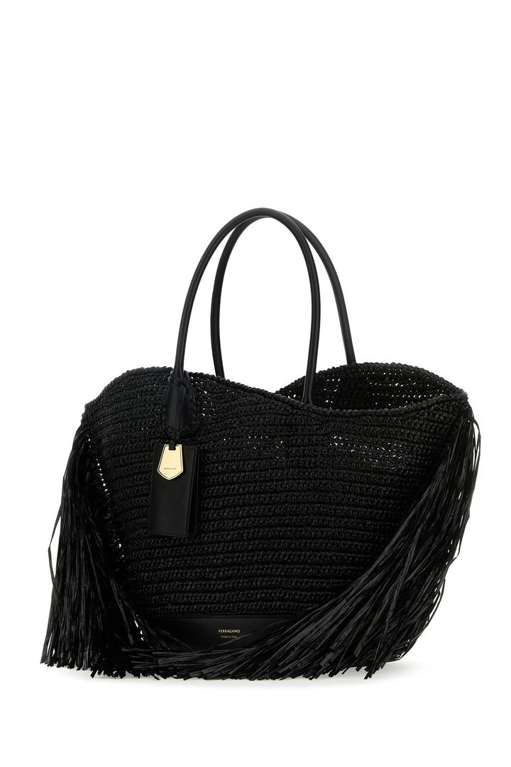 Black raffia and leather big shopping bag