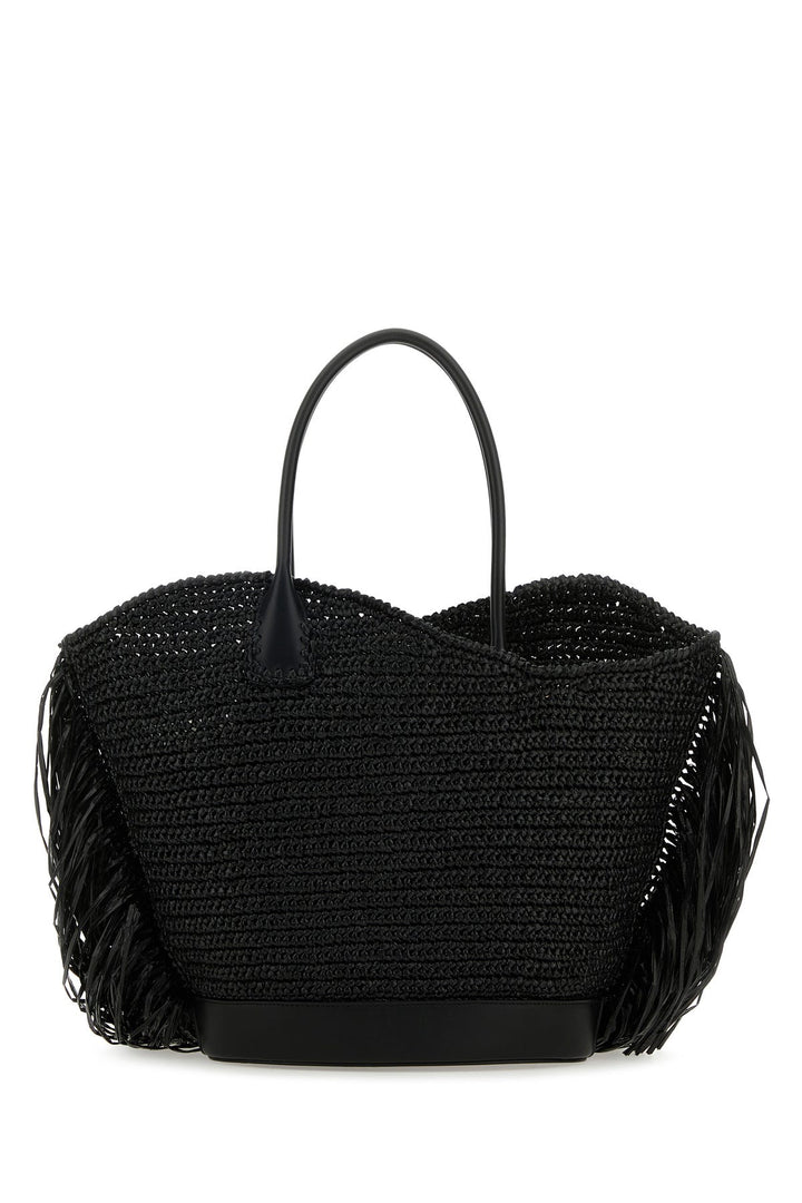 Black raffia and leather big shopping bag