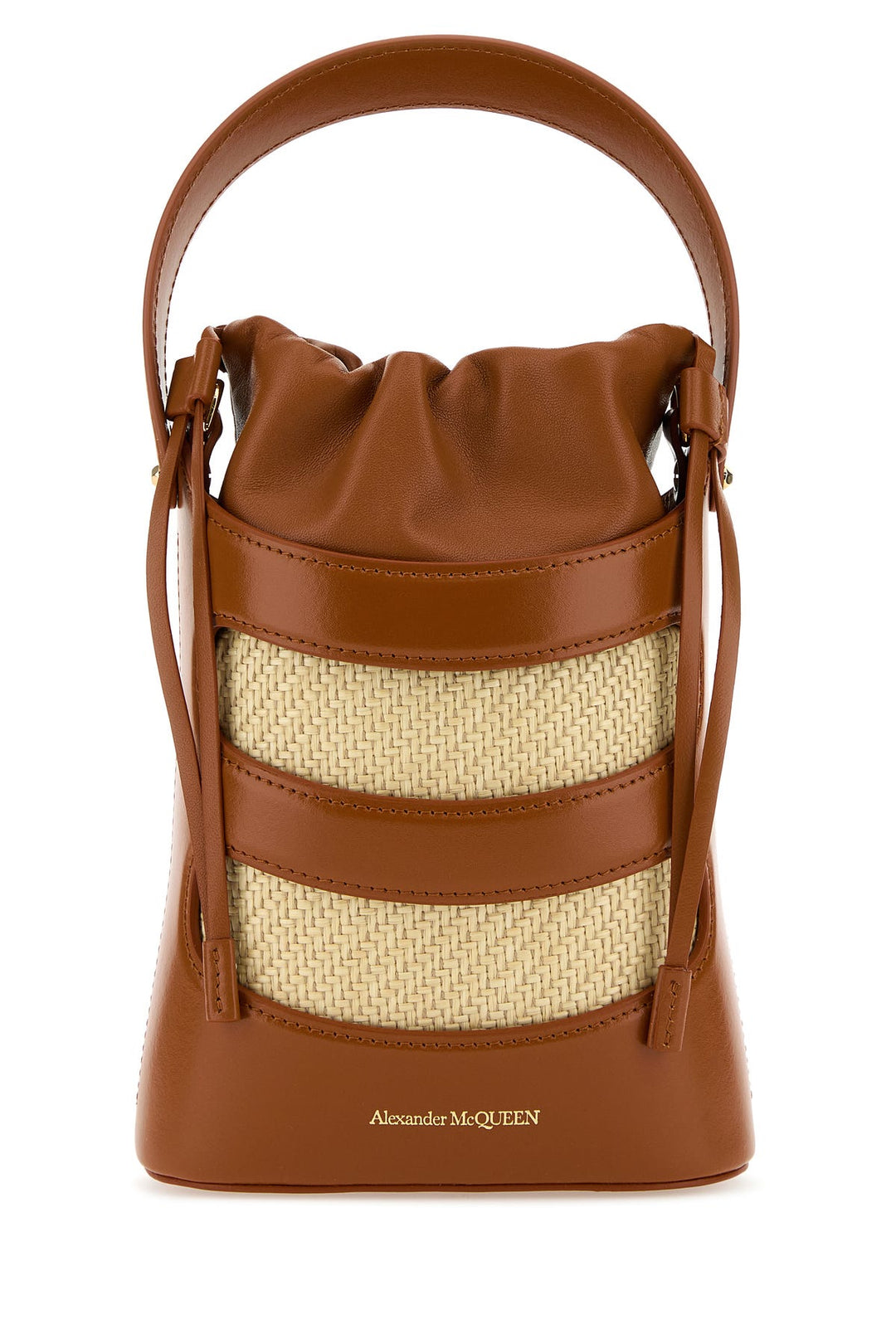 Two-tone leather and raffia mini The Rise bucket bag