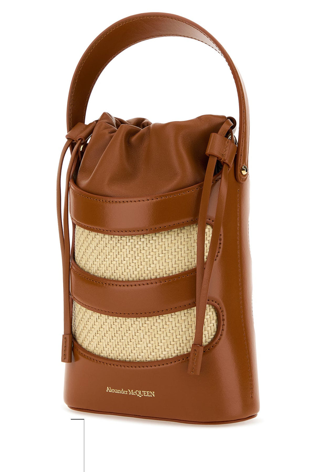 Two-tone leather and raffia mini The Rise bucket bag