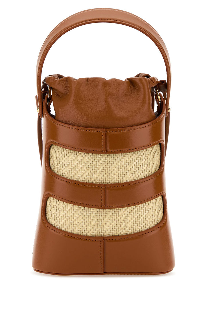 Two-tone leather and raffia mini The Rise bucket bag