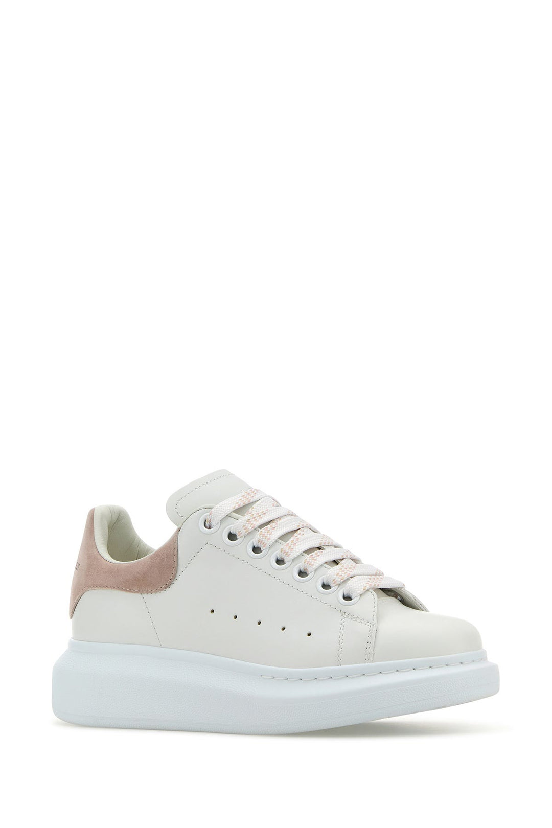 White leather sneakers with powder pink suede heel