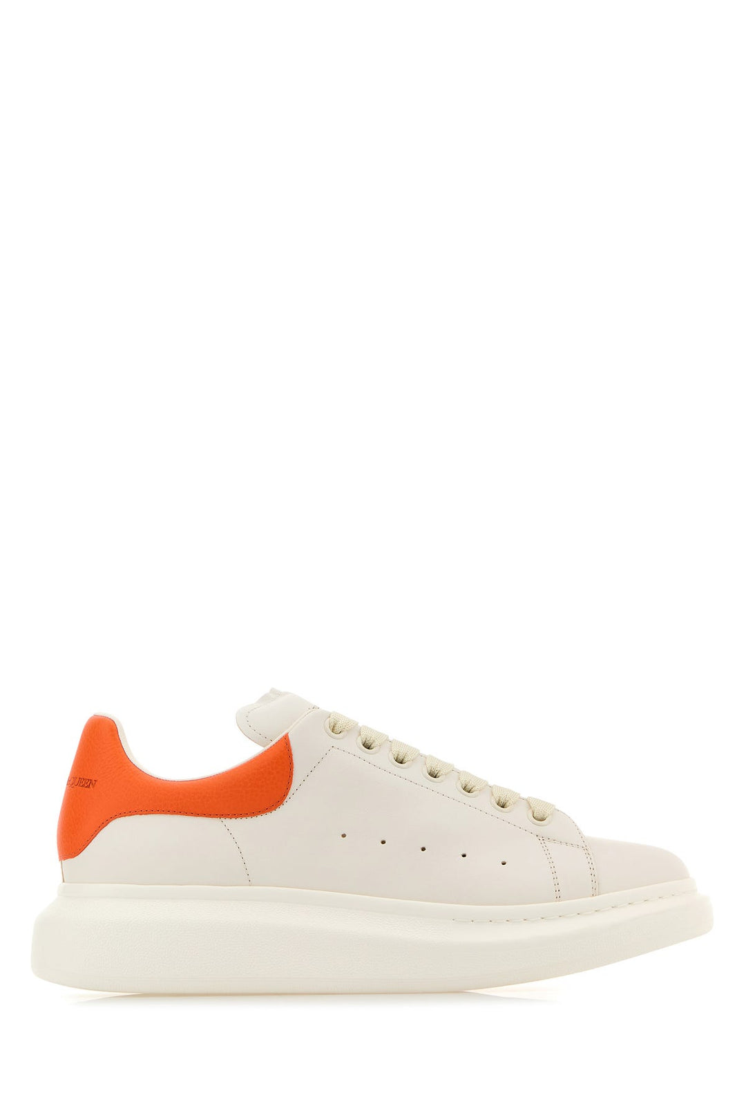 White leather sneakers with orange leather heel