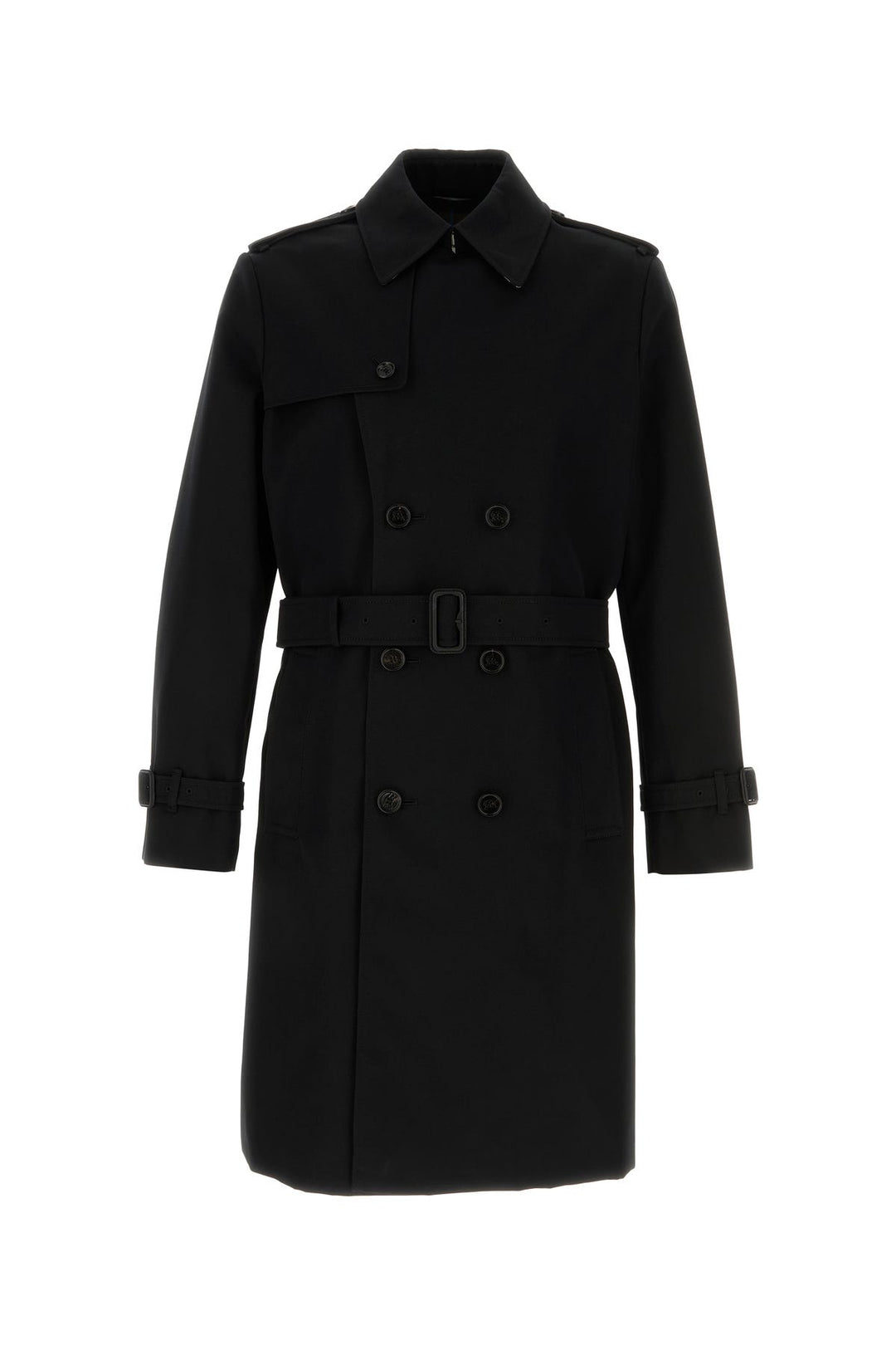 Black gabardine trench coat