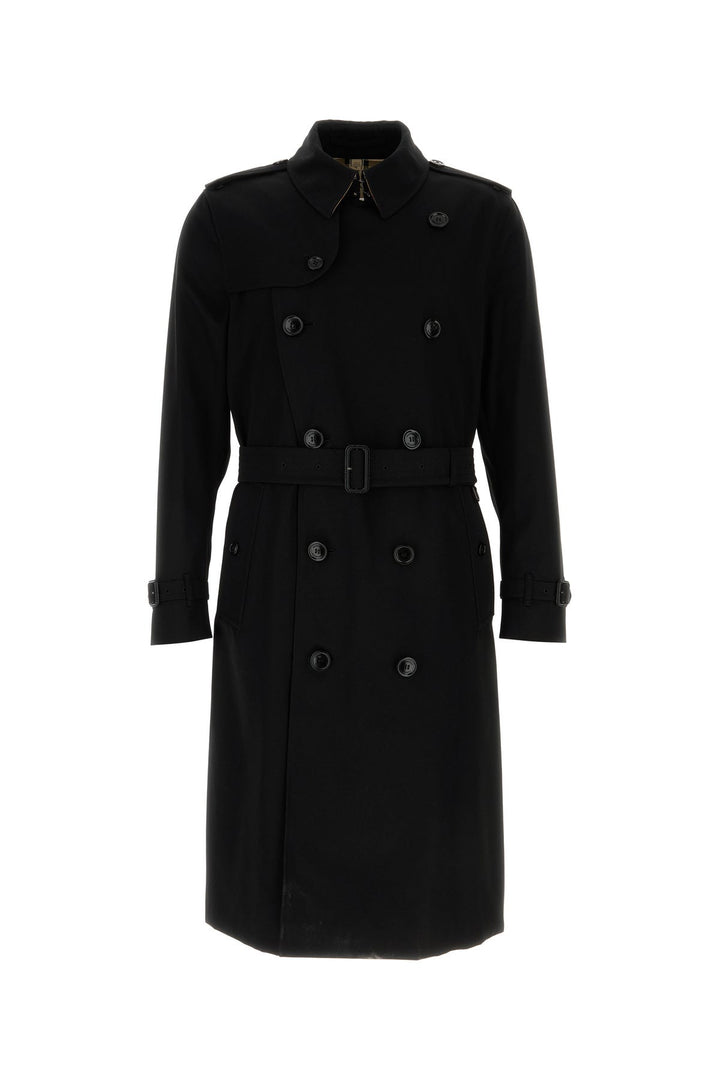 Black gabardine trench coat