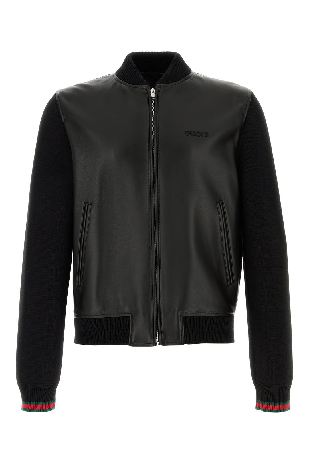 Black nappa leather and knit bomber jacket