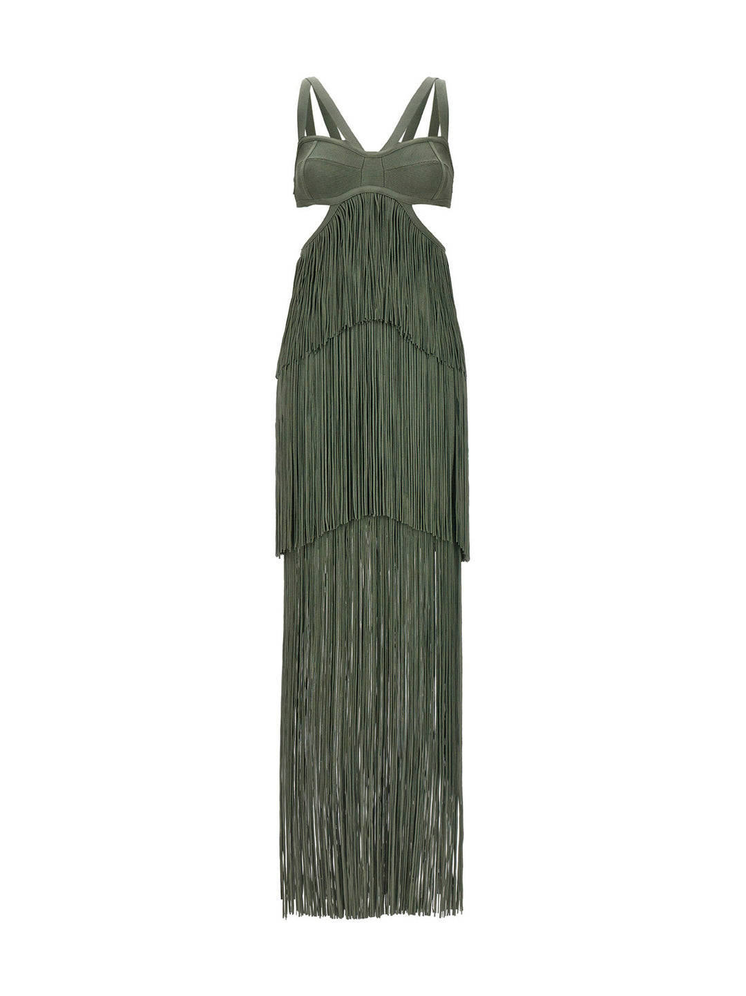 Herve Leger Strappy Tiered Fringe Dresses - Green | 836b2d1f394a0fe27e764c5cf4809c32e0437f28