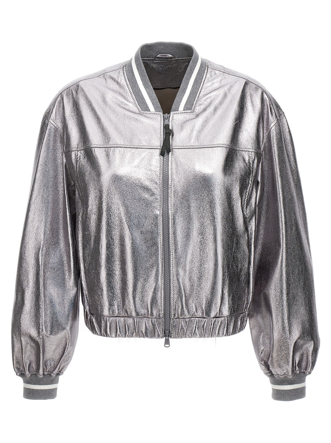 Brunello Cucinelli Laminated Leather Bomber Jacket Piumini, Parka, Giacche casual - Silver | cbf75e85d0a362691993741578e4f6c50bf52126