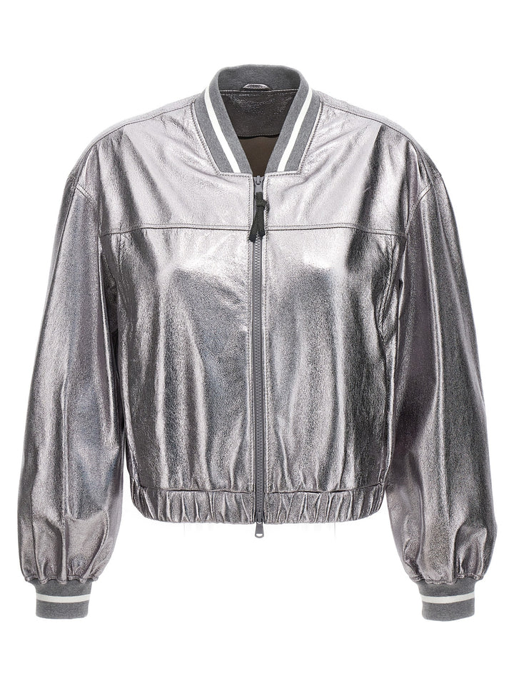 Brunello Cucinelli Laminated Leather Bomber Jacket Piumini, Parka, Giacche casual - Silver | cbf75e85d0a362691993741578e4f6c50bf52126