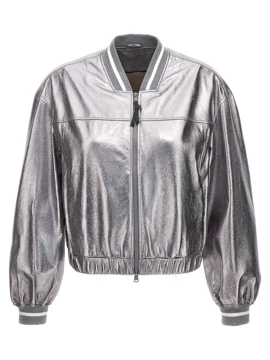 Laminated Leather Bomber Jacket Piumini, Parka, Giacche Casual Silver