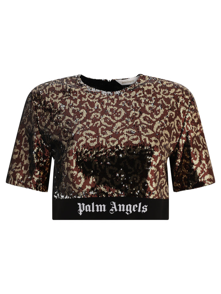 Sequins Logo Tape T-Shirts Brown