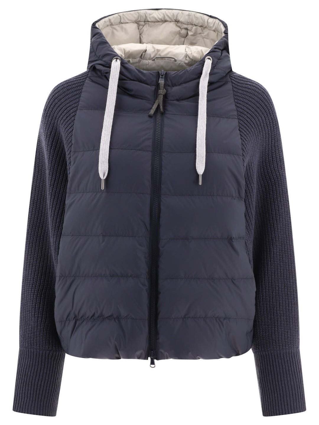 Down Jacket With Monili, Knitted Hood And Sleeves Jackets Blue