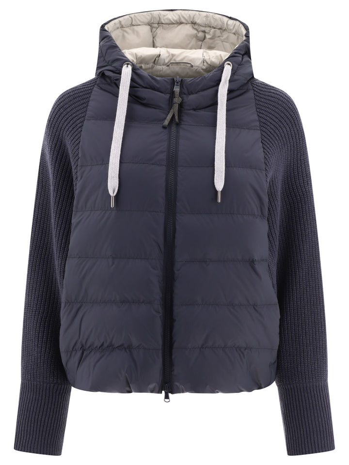 Down Jacket With Monili, Knitted Hood And Sleeves Jackets Blue