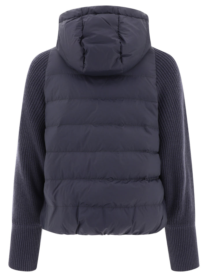 Down Jacket With Monili, Knitted Hood And Sleeves Jackets Blue