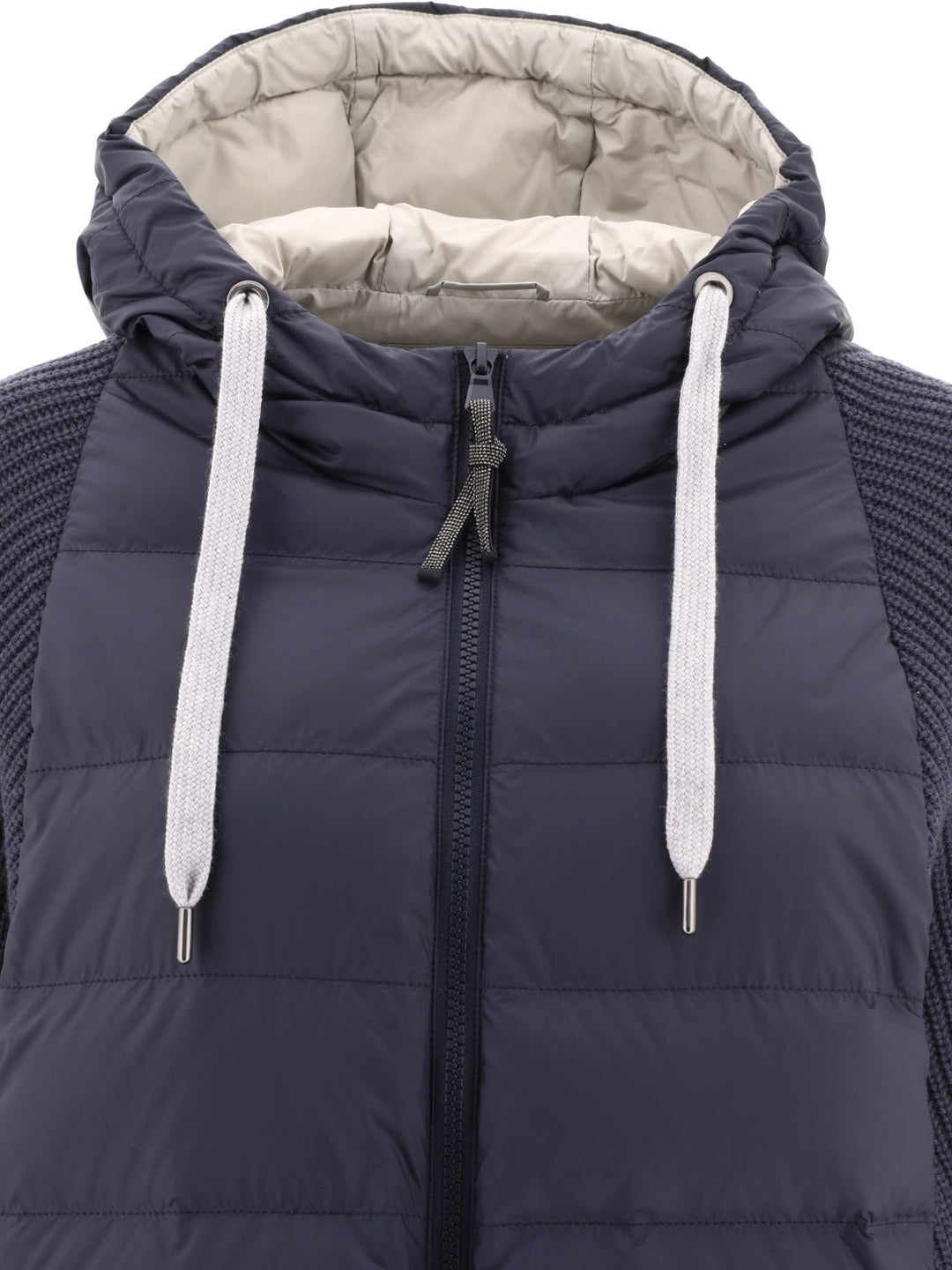 Down Jacket With Monili, Knitted Hood And Sleeves Jackets Blue