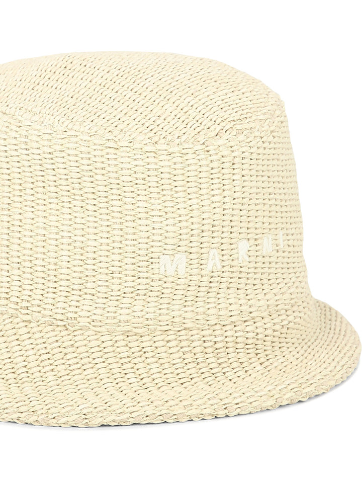 Raffia Bucket Hat With Logo Embroidery Hats Beige