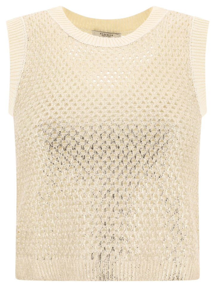 Lamé Openwork Top Tops Beige