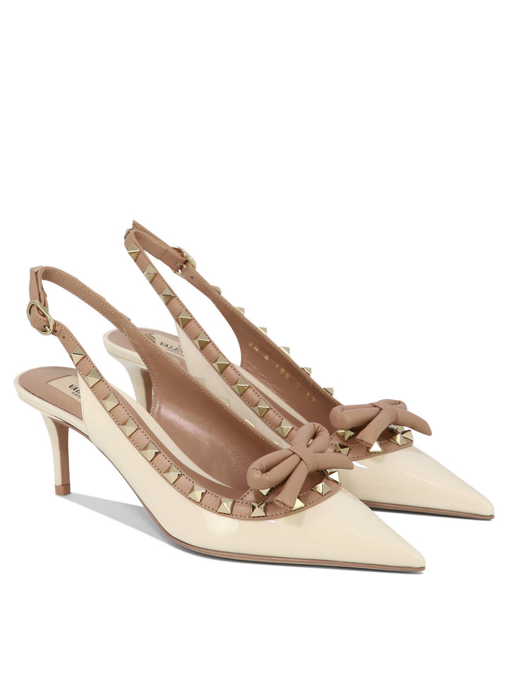 Rockstud Bow Heeled Shoes Beige