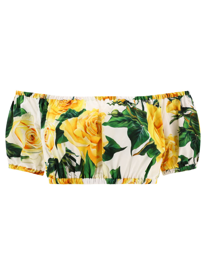 Bardot-Neck Crop Top With Rose Print Tops Yellow