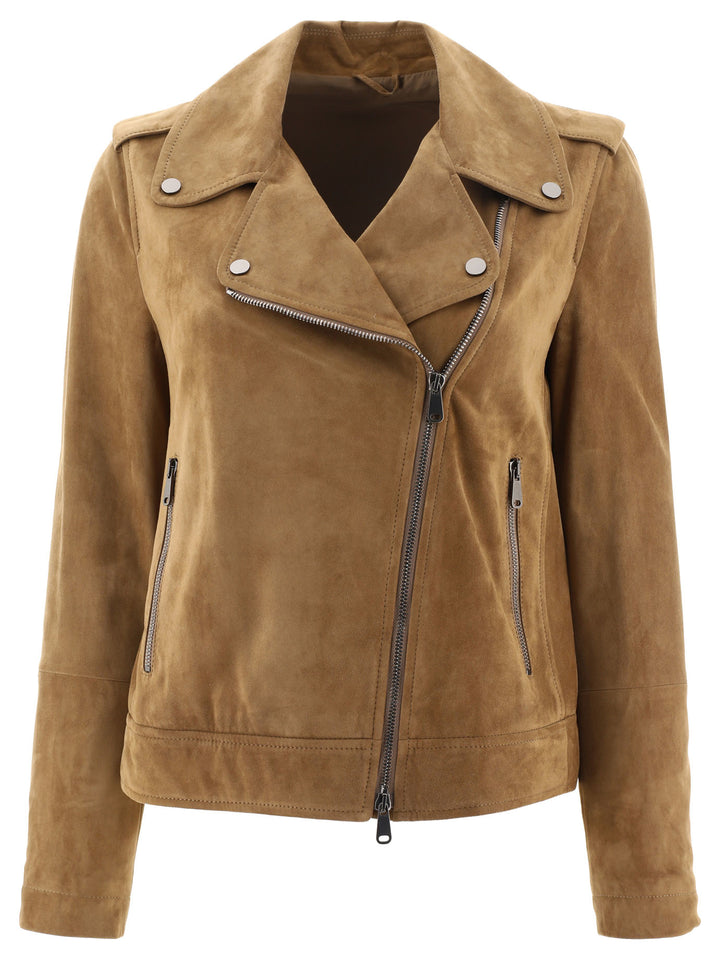 Suede Biker Jacket With Monili Jackets Brown