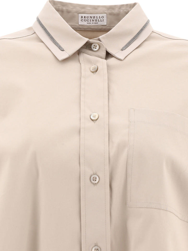 Poplin Shirt With Shiny Collar Trim Shirts Beige