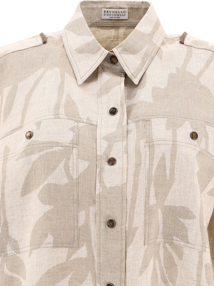 Ramage Print Lessivé Linen Shirt With Shiny Tabs Shirts Beige