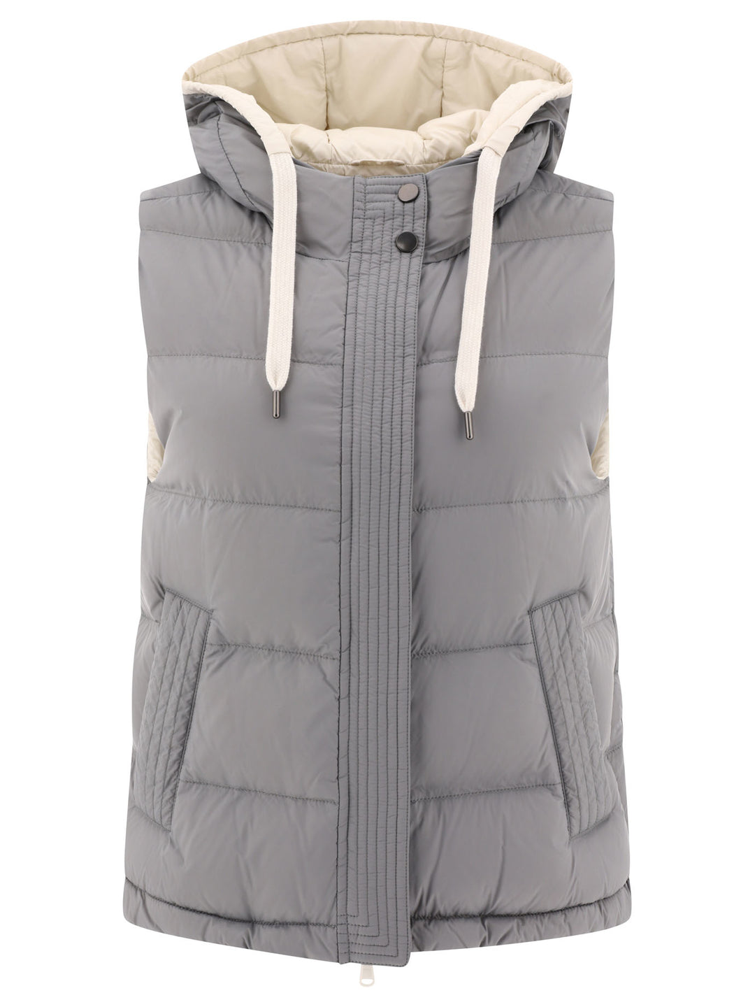 Nylon Down Vest With Hood And Shiny Trim Jackets Grey