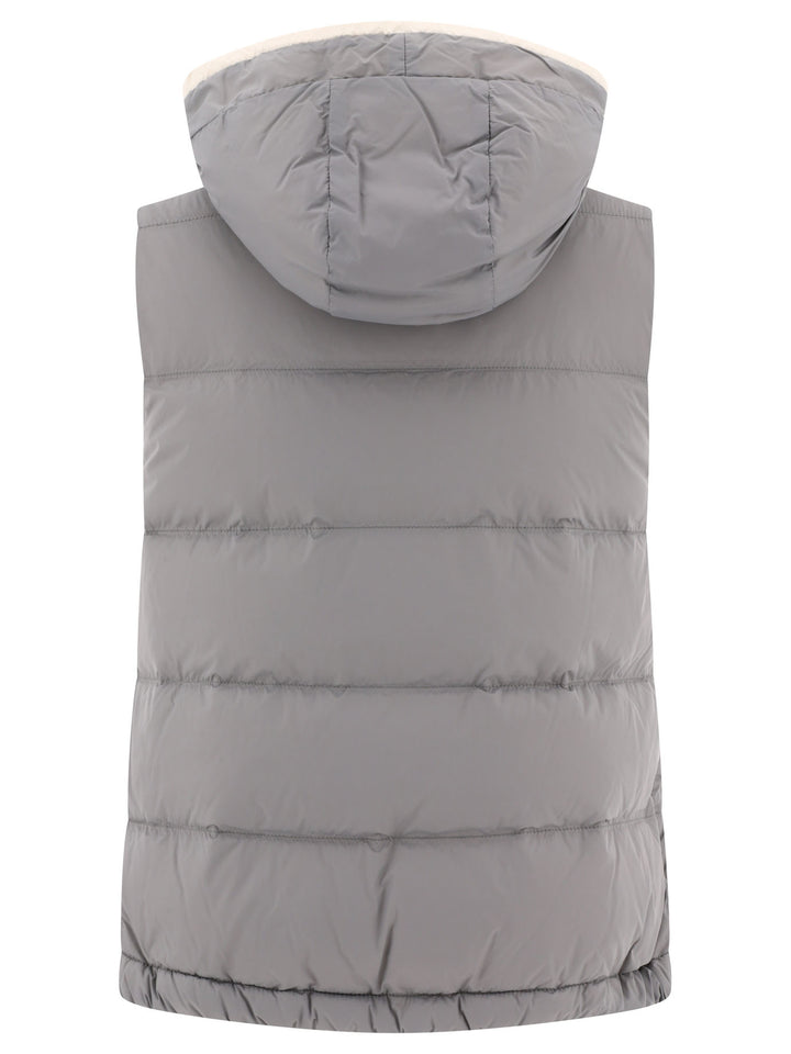 Nylon Down Vest With Hood And Shiny Trim Jackets Grey