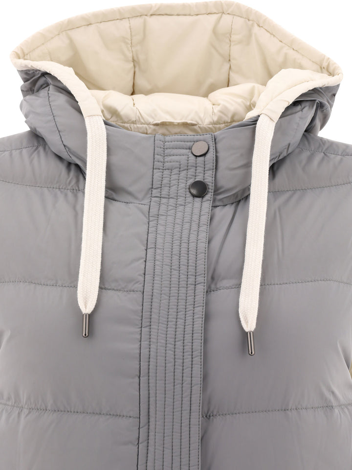 Nylon Down Vest With Hood And Shiny Trim Jackets Grey