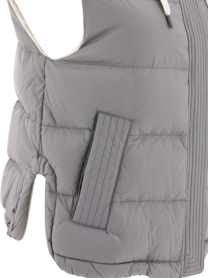 Nylon Down Vest With Hood And Shiny Trim Jackets Grey