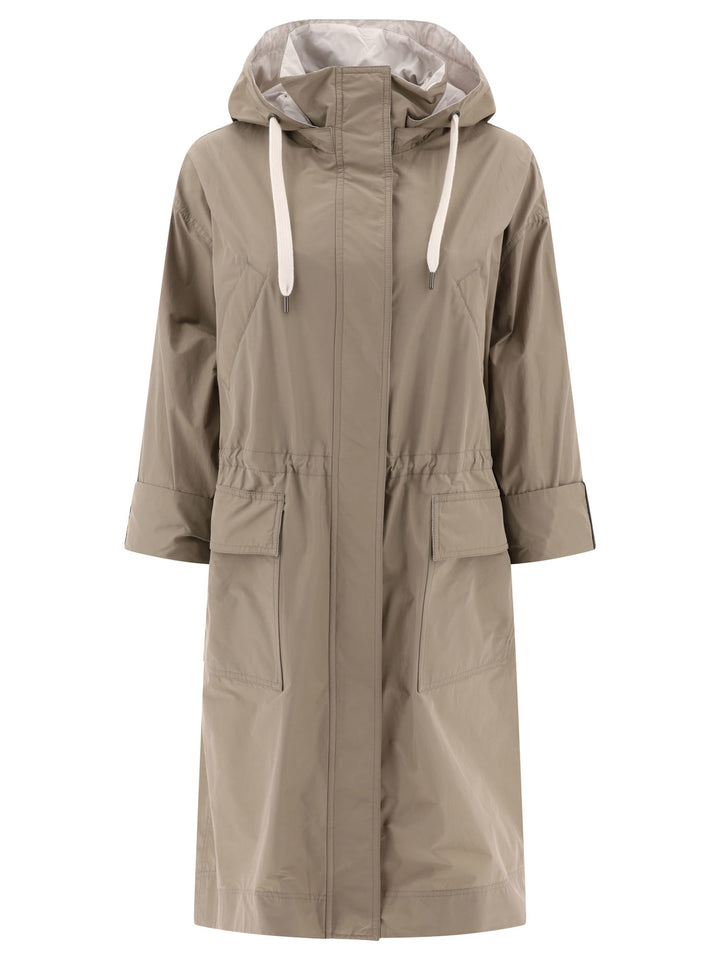 Water-Resistant Taffeta Hooded Outerwear Jacket With Monili Coats Beige