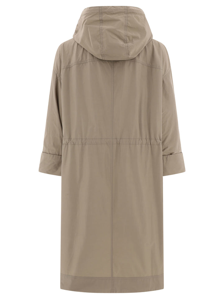 Water-Resistant Taffeta Hooded Outerwear Jacket With Monili Coats Beige