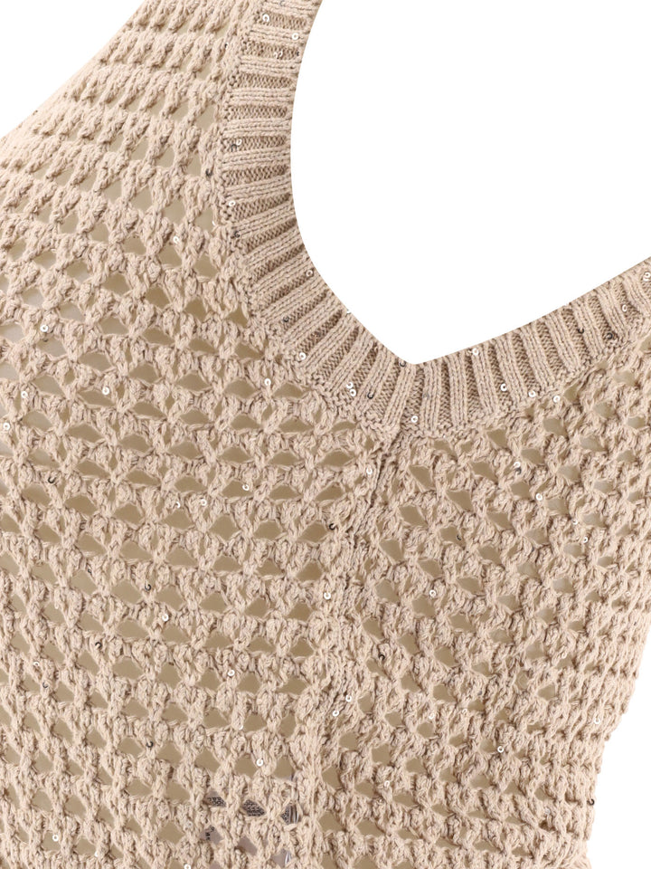 Dazzling Net Knit Top Tops Beige