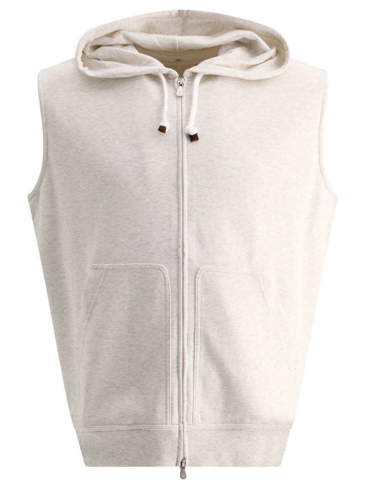 Techno Cotton Sleeveless Sweatshirt With Zipper And Hood Sweatshirts Beige