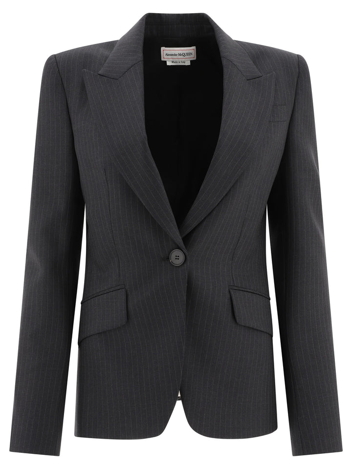 Pinstriped Single-Breasted Blazer Jackets Grey