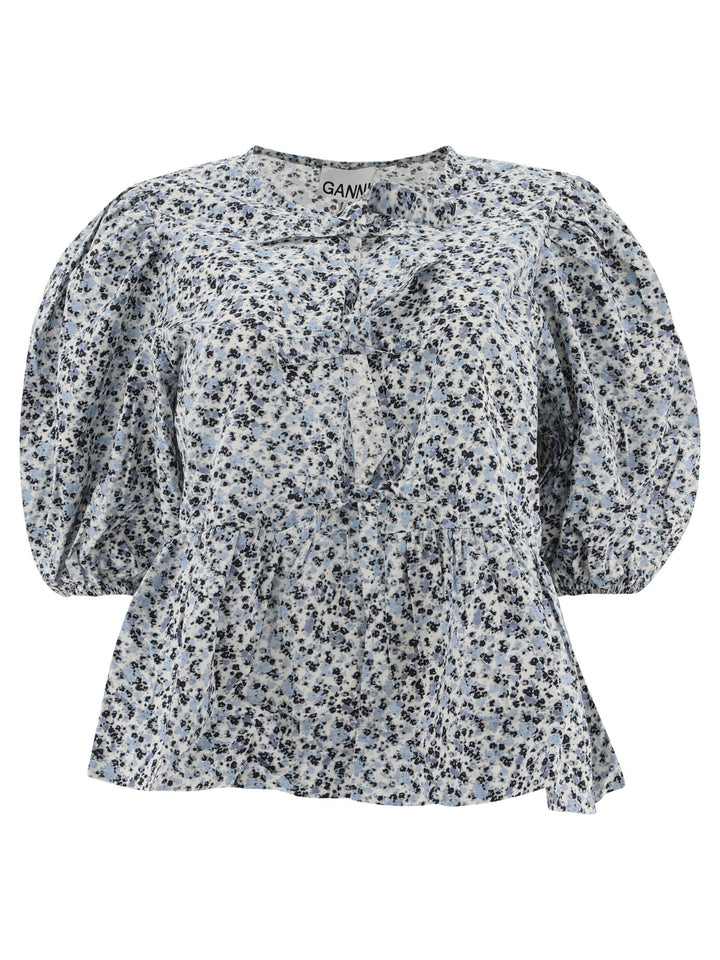 Floral Poplin Top Tops Light Blue