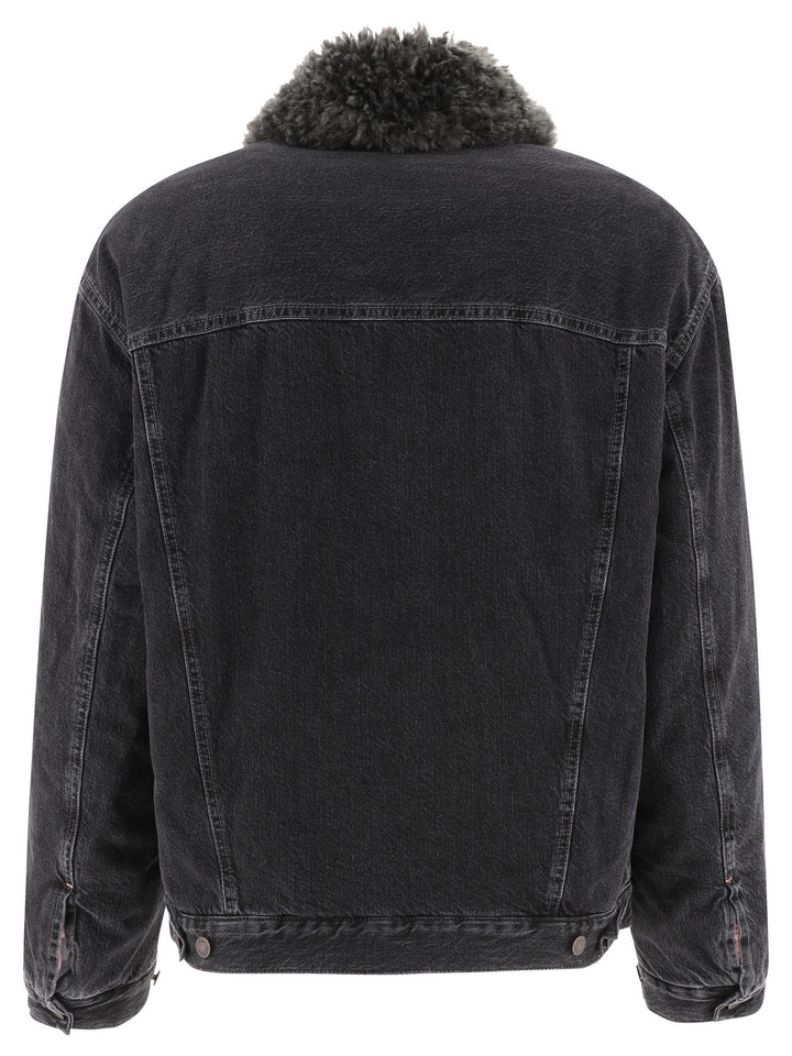 Lined Denim Jacket With Faux-Fur Collar Jackets Black