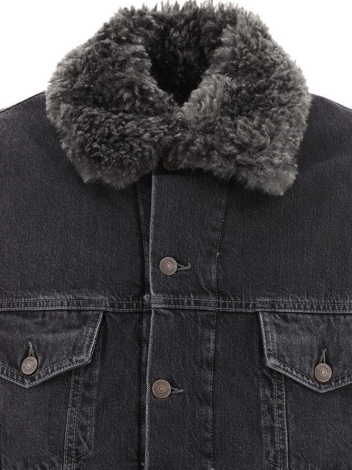 Lined Denim Jacket With Faux-Fur Collar Jackets Black