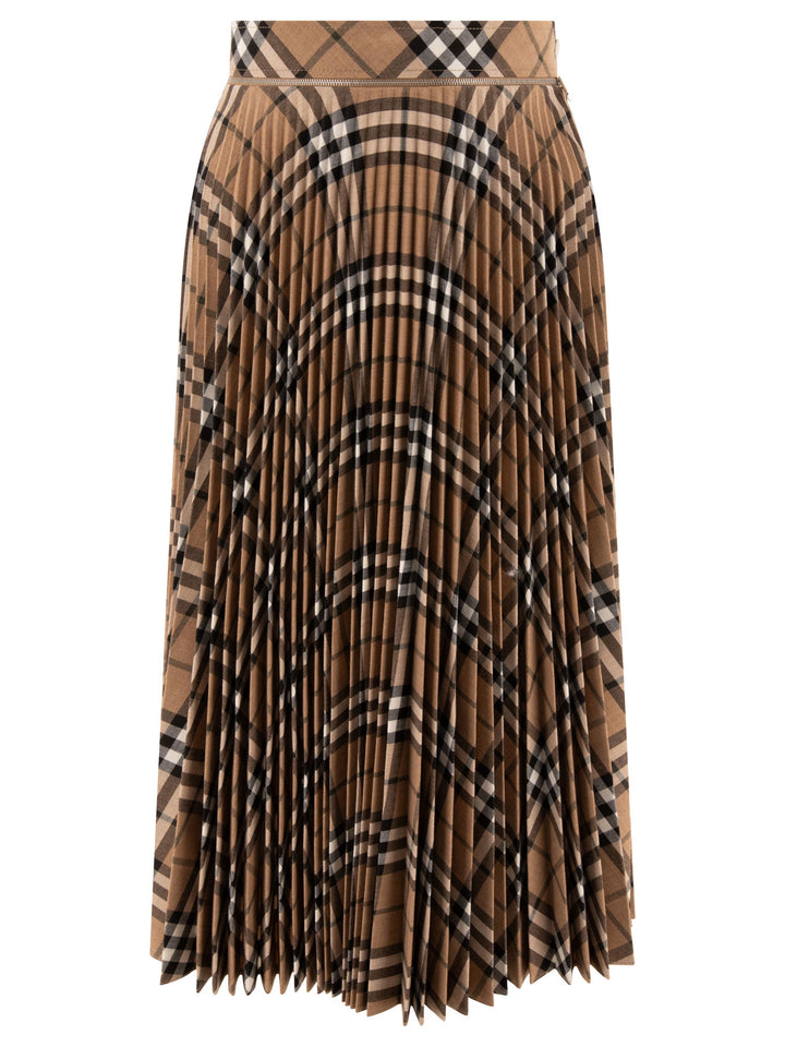 Wool Blend Pleated Check Skirt Skirts Beige