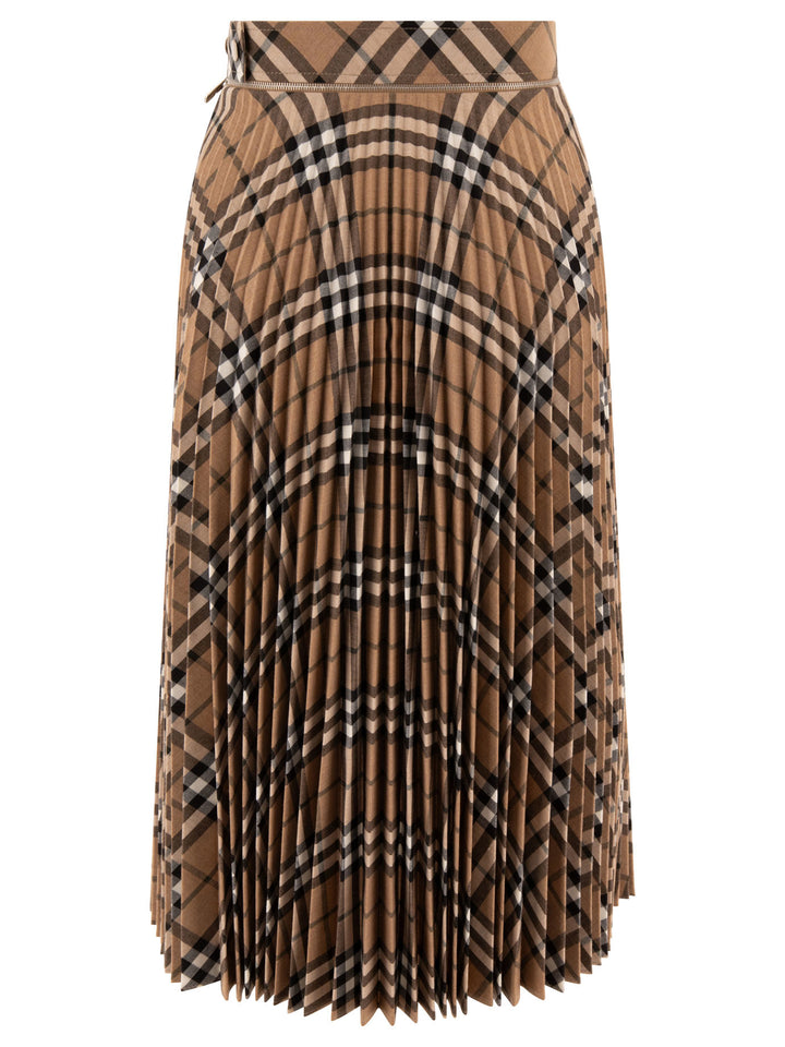 Wool Blend Pleated Check Skirt Skirts Beige