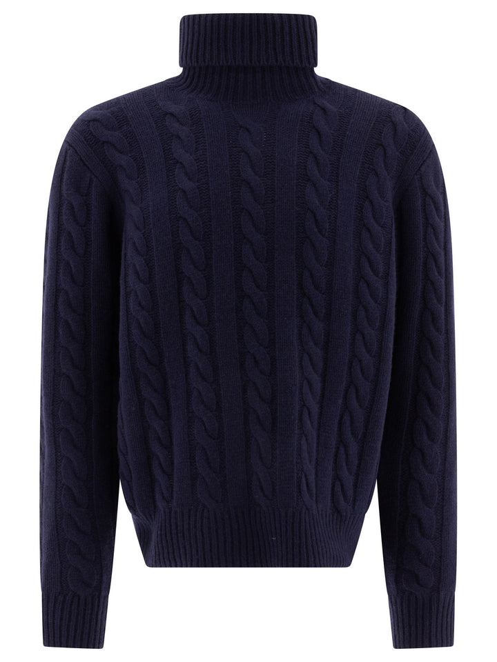 Wool And Cashmere Cable-Knit Turtleneck Sweater Knitwear Blue