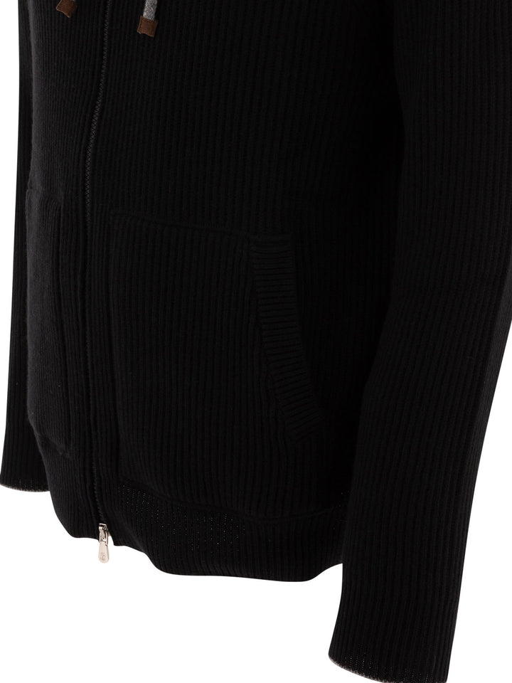 Ribbed Sweater With Zip And Hood Knitwear Black